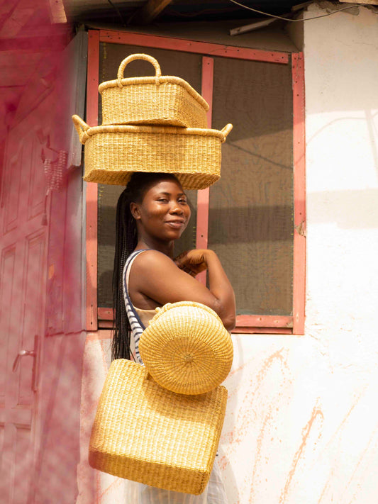 Handwoven storage rectangular basket, perfect for home organization.