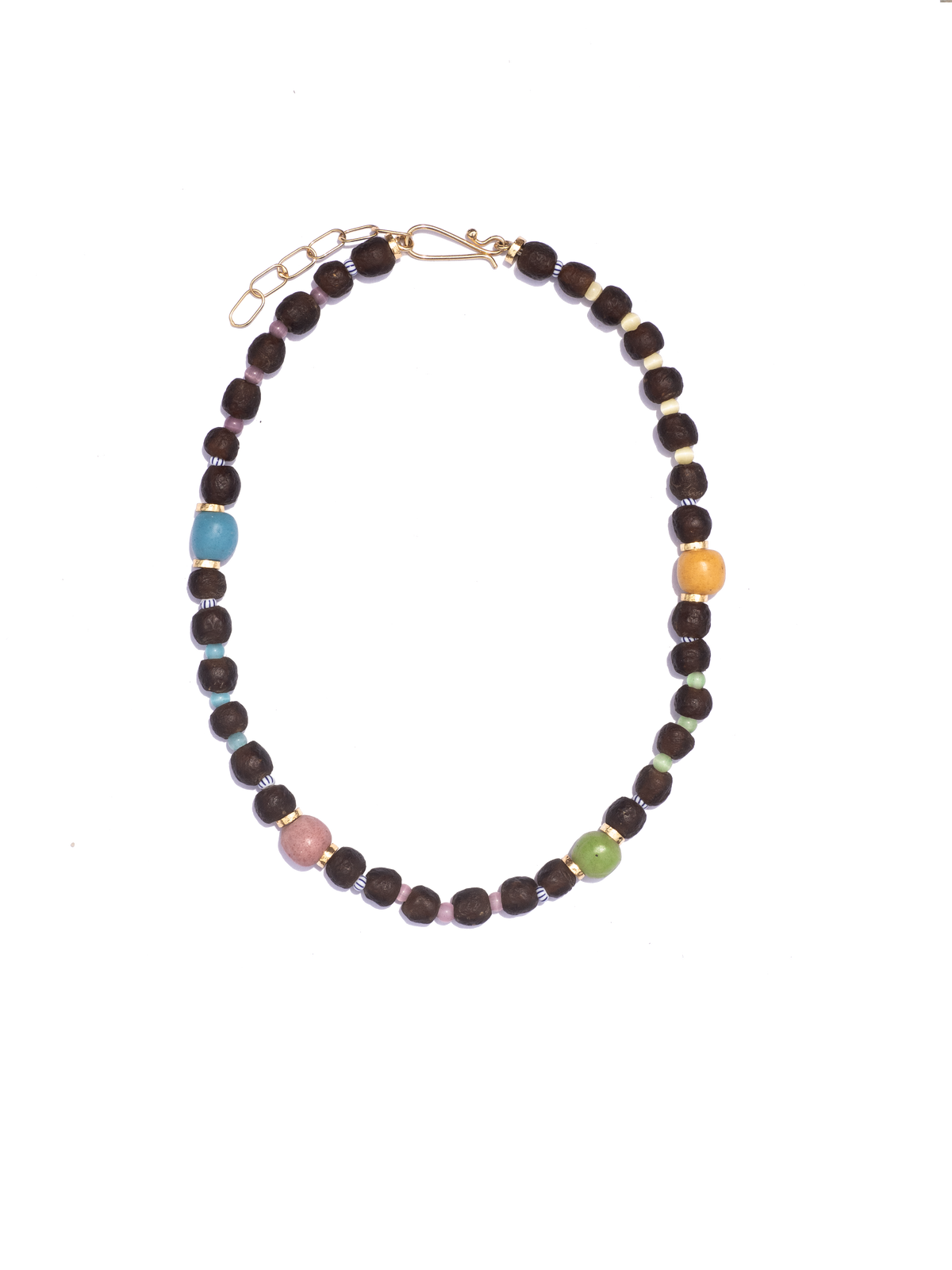 Handmade necklace with colorful recycled glass beads and gold-plated brass details