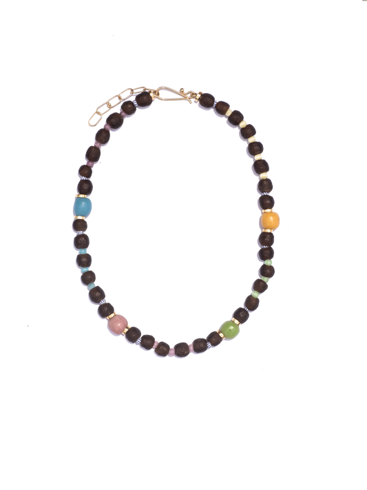 Handmade necklace with colorful recycled glass beads and gold-plated brass details