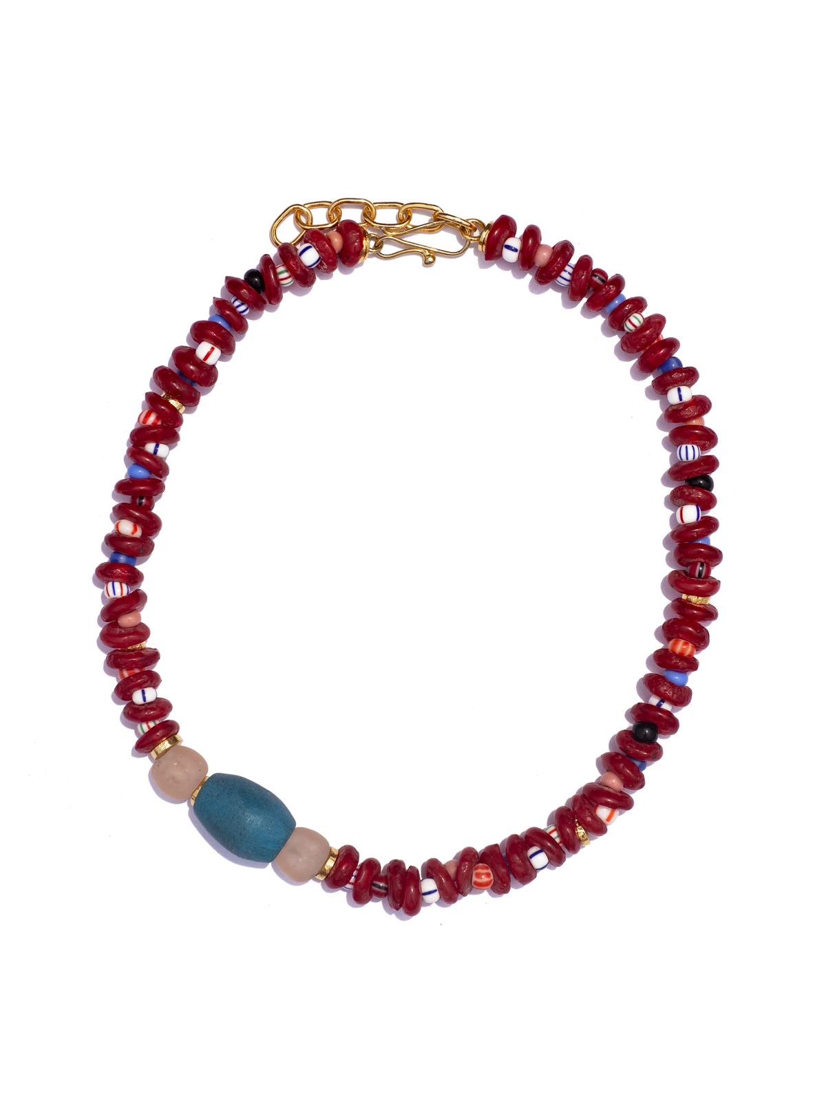 Handcrafted necklace with rich, multicolored Ghanaian glass beads and gold-plated brass, a modern heirloom