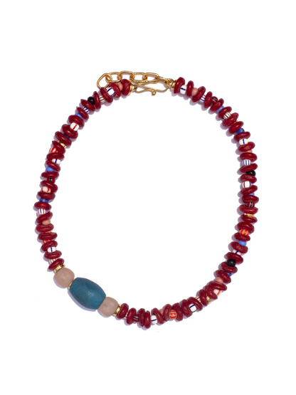 Handcrafted necklace with rich, multicolored Ghanaian glass beads and gold-plated brass, a modern heirloom