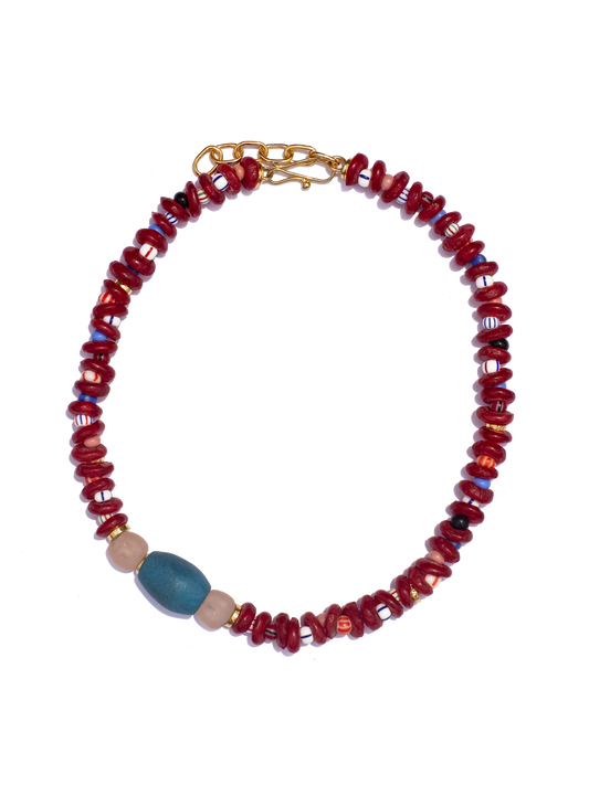 Handcrafted necklace with rich, multicolored Ghanaian glass beads and gold-plated brass, a modern heirloom