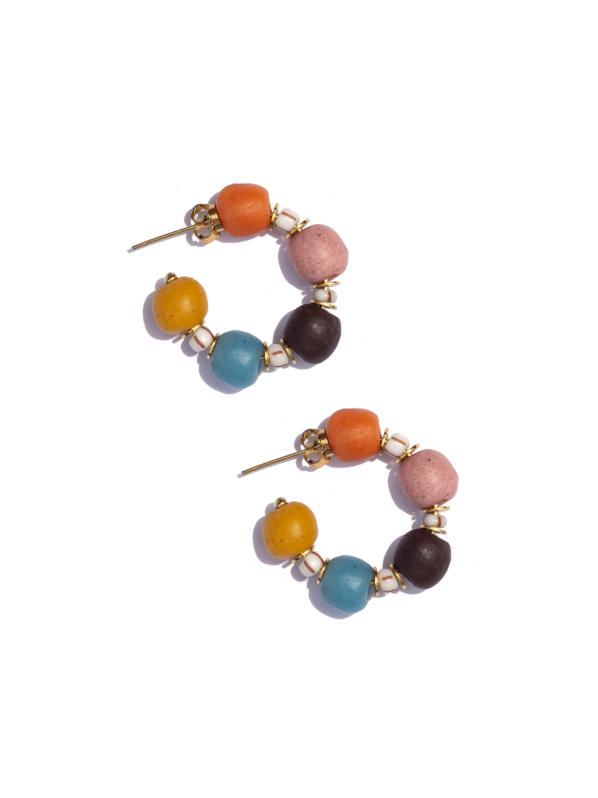 Handcrafted Ghanaian hoop earrings with colourful recycled glass beads and delicate gold-plated accents.