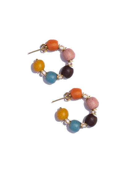 Handcrafted Ghanaian hoop earrings with colourful recycled glass beads and delicate gold-plated accents.