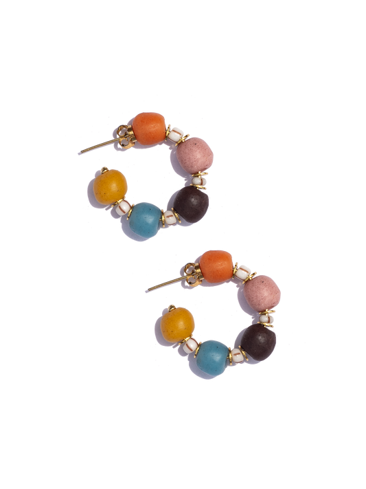 Handcrafted Ghanaian hoop earrings with colourful recycled glass beads and delicate gold-plated accents.