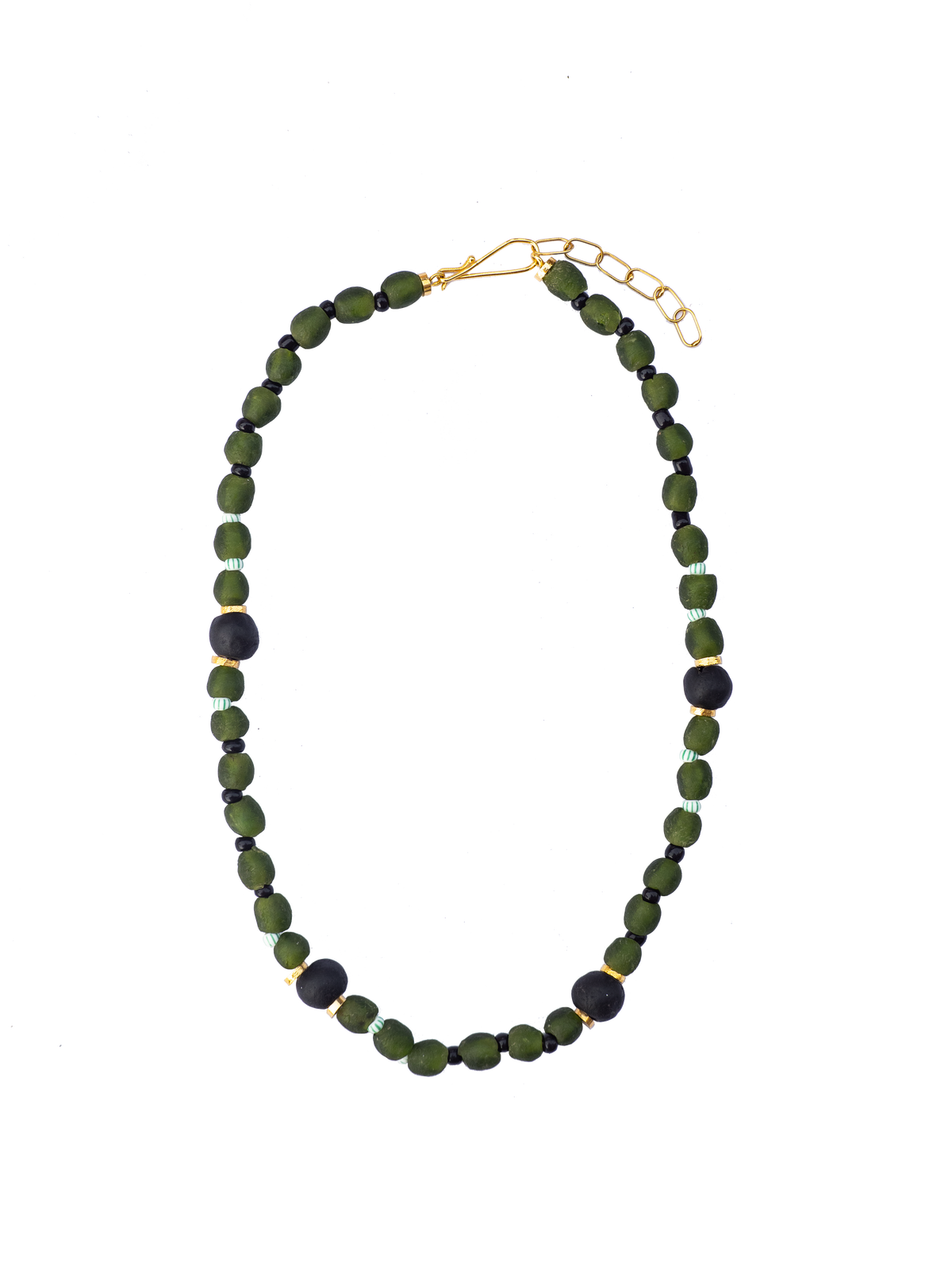 Handmade necklace with colorful recycled glass beads and gold-plated brass details