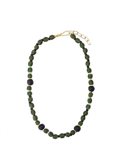 Handmade necklace with colorful recycled glass beads and gold-plated brass details