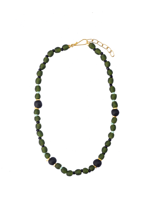 Handmade necklace with colorful recycled glass beads and gold-plated brass details