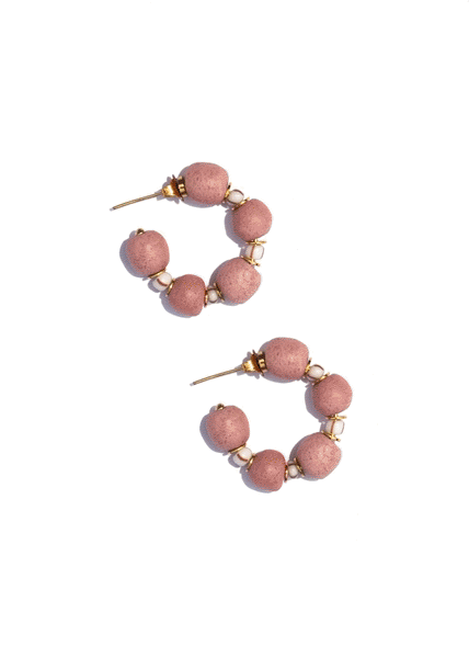 Handmade gold-plated brass hoop earrings with recycled glass beads, ethically crafted in Ghana