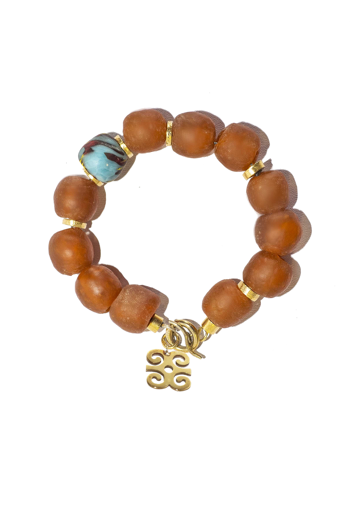 Handcrafted bracelet with rich, multicolored Ghanaian glass beads and gold-plated brass Adinkra symbol amulet